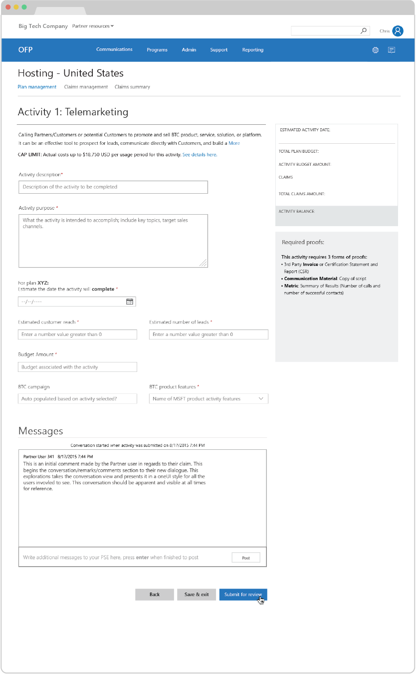 Form content for activities in the plan.